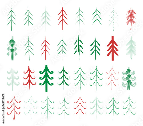 A hand-drawn set of textured Christmas trees. Isolated vector stylized illustrations. Christmas elements for postcards, banners, templates.