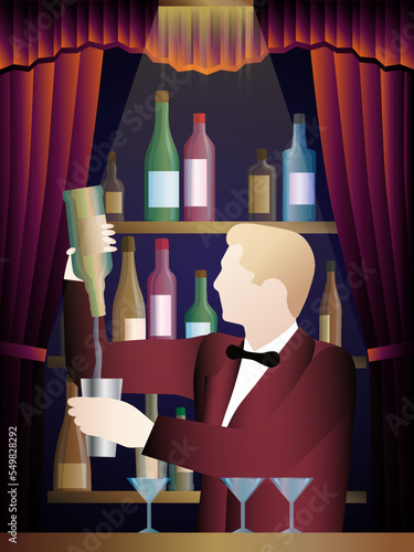 The bartender pours a drink from a bottle into a glass.. The bar in the background. Vector illustration