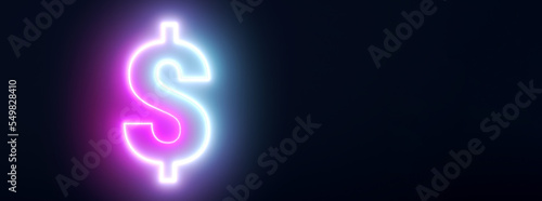 neon dollar sign, 3d render, panoramic layout