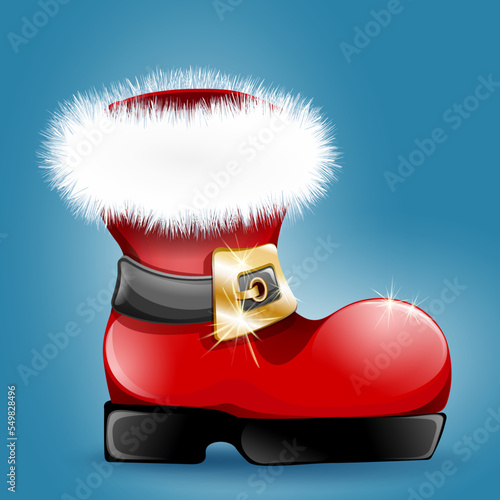 Cartoon red Santa boot with fur and golden belt. Christmas concept.