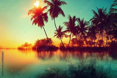 lush tropical lagoon sunset