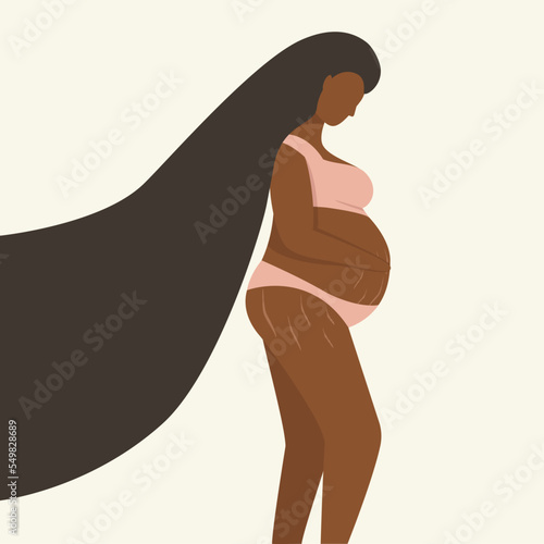 Dark-skinned pregnant woman in a bathing suit. Body positive. Stretch marks in a pregnant woman. Flat style