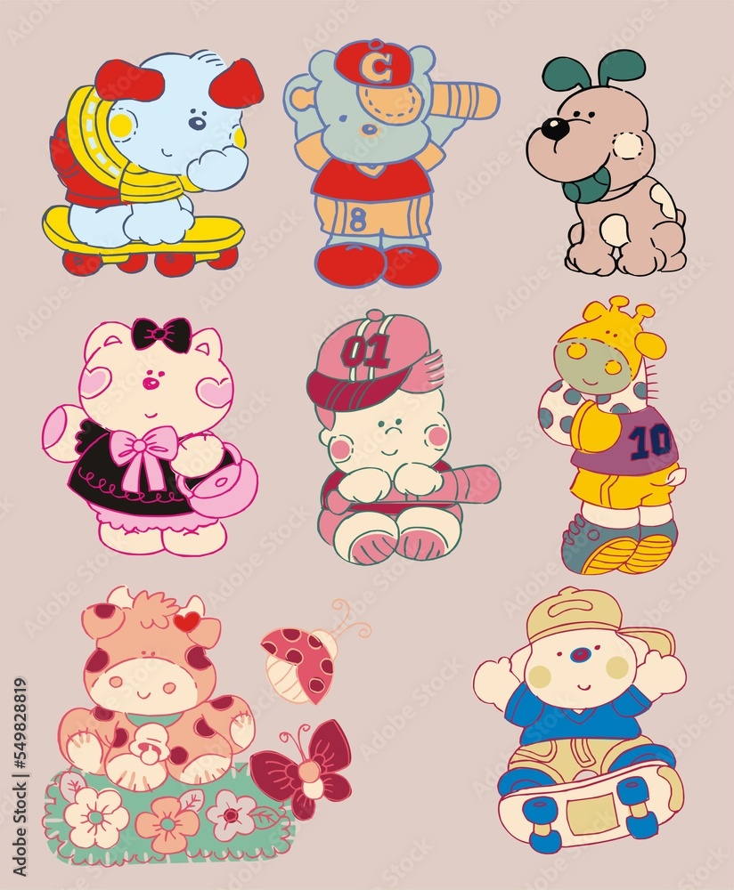 Fototapeta premium Pets, animals, sport, kid, skater, boy, characters, mascots, localized prints, baby fashion, art with colorful animals,