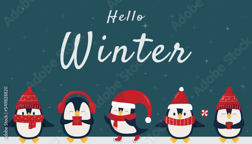 Hello winter - christmas pinguins in flat style. Winter pinguins in red hats and scarf on dark night background. Merry Christmas concept with cute cartoon birds