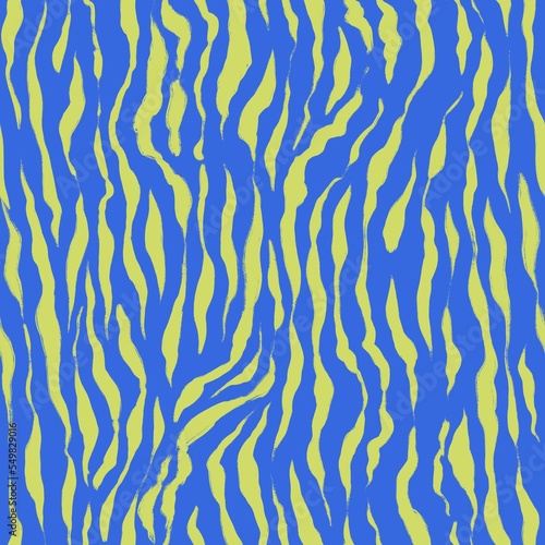 Wavy zebra seamless pattern. Abstract hand drawn pencil scribbles. Blue and yellow animal texture