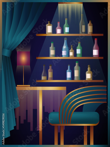 single table in a cafe. Bar counter with drinks. Cozy place for singles. vector illustration