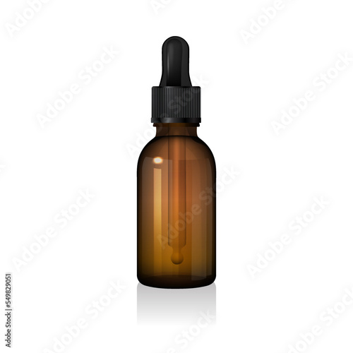 Blank brown glass dropper bottle with black pipette isolated on white background. Dark amber glass package. Serum dispenser. 3d vector mockup template. Dropper for skincare products, natural cosmetic