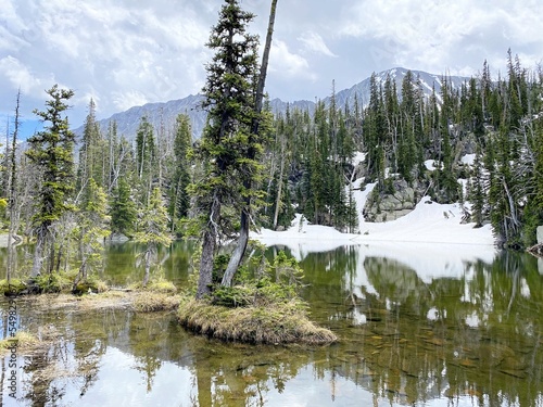 lake in the mountains with island
