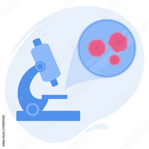 Red fungi on petri dish. Mold spores growth in culture. Mildew fungal spores under the microscope. Vector illustration.