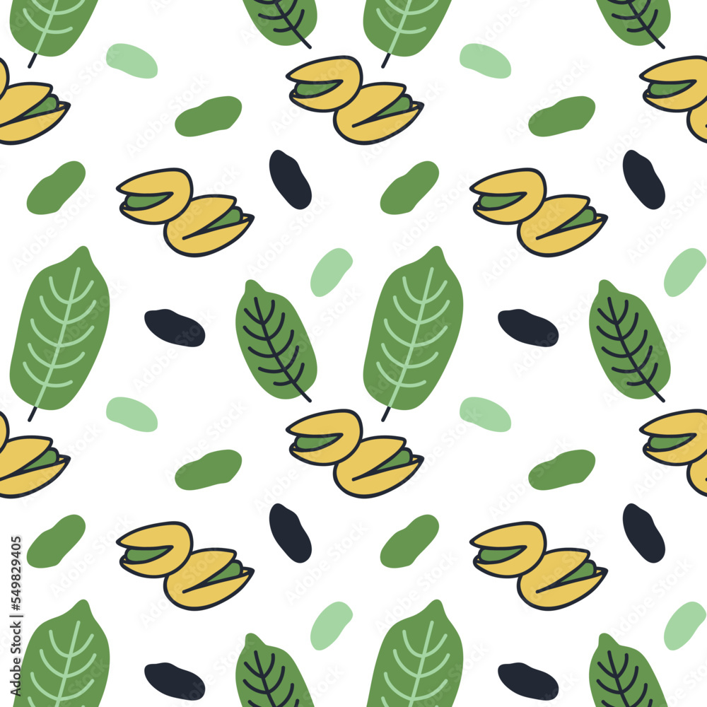 Pistachio tree fruit with leaves in cartoon illustration style. Healthy organic snack. Seamless pattern with peeled and in-shell pistachios for design and printing on packaging and textiles. Pistachio tree fruit with leaves in cartoon illustration style. Healthy organic snack. Seamless pattern with peeled and in-shell pistachios for design and printing on packaging and textiles.