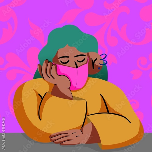 Woman with green hair and pink face mask falls asleep while sitting by the window