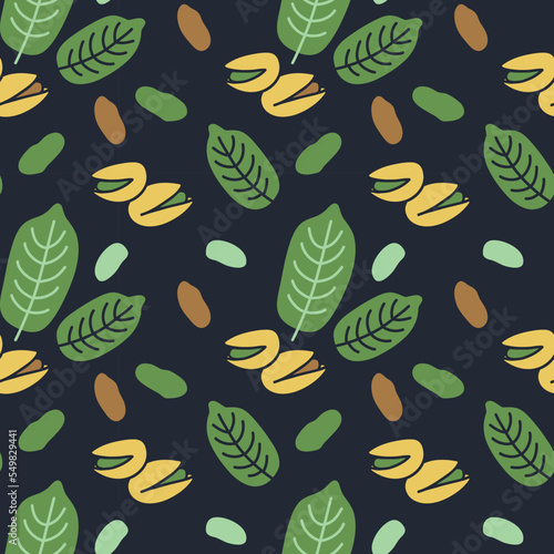 Pistachio tree fruit with leaves on a dark background in cartoon illustration style. Healthy organic snack. Seamless pattern with peeled and in-shell pistachios for printing on packaging and textiles.