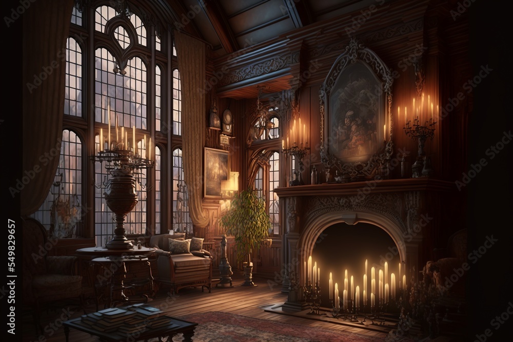 Gothic mansion victorian living room with candles and huge windows