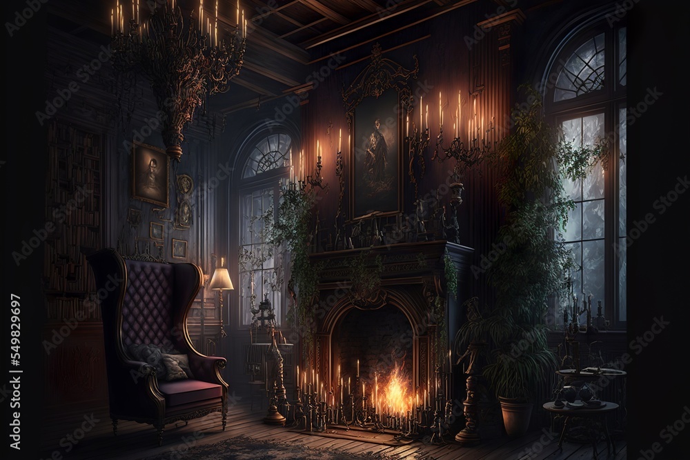 Gothic mansion victorian study interior design illustration ilustración