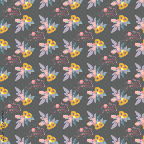 yellow and pink floral pattern with grey background seamless repeat pattern © disha