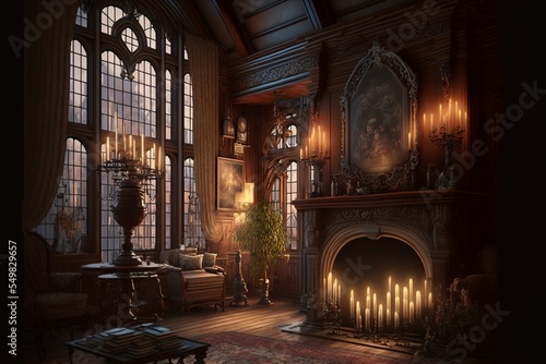 Fotografiet Gothic mansion victorian living room with candles and huge windows interior desi