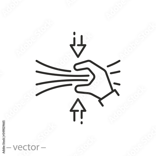elastic icon, material flexible structure, compressing hand, thin line symbol on white background - editable stroke vector illustration
