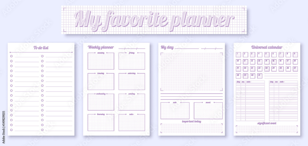 Diary printable page template planner cute flat set. Daily weekly monthly planner case schedule note time management organizing important task list personal business organizer date adjust life vector Diary printable page template planner cute flat set. Daily weekly monthly planner case schedule note time management organizing important task list personal business organizer date adjust life vector