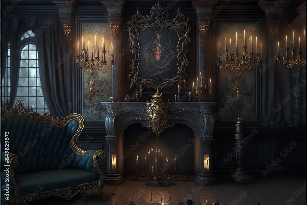 Gothic mansion victorian living room with picture frame interior design illustration - obrazy, fototapety, plakaty 