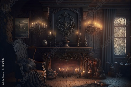 Gothic mansion victorian living room interior with wooden wall design illustration