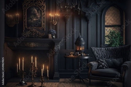 Gothic mansion victorian living room interior with wooden background design illustration photo