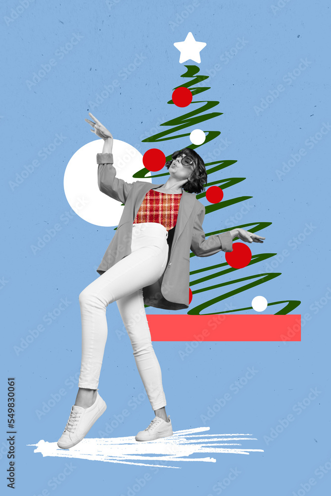 Creative photo 3d collage postcard poster greeting card of young funky girl have fun enjoy cool night event isolated on painting background - obrazy, fototapety, plakaty 