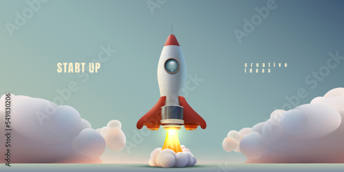 Rocket space startup, creative idea cover, landing page web site, Vector illustration 