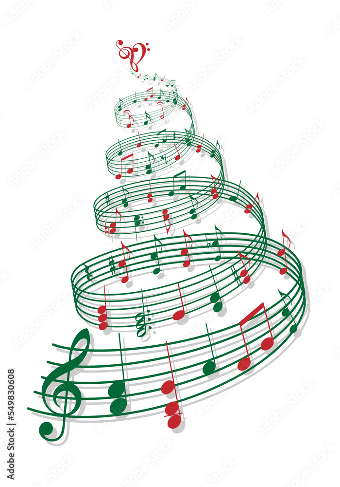 Naklejka premium Music Christmas tree with musical notes, illustration over a transparent background, design for cards