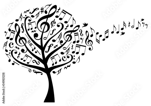 Music tree with flying musical notes, illustration over a transparent background, PNG image