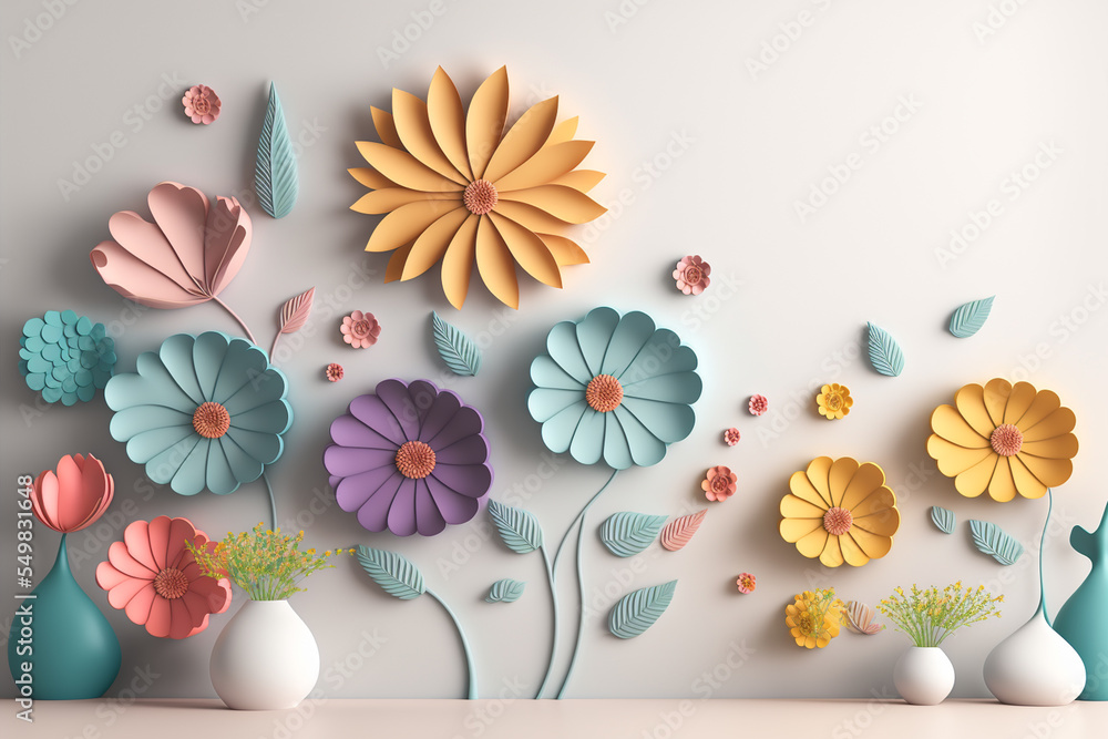 Colorful Paper Flowers Wall Background. Stock Photo, Picture and