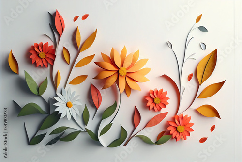 3d render, digital illustration, colorful paper flowers wallpaper, spring summer background, floral bouquet isolated on white, vibrant colors, mint pink orange yellow photo