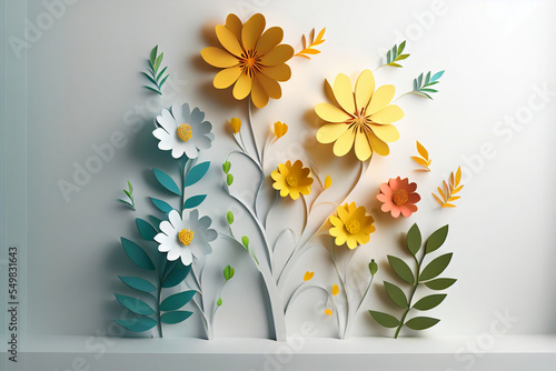 3d render, digital illustration, colorful paper flowers wallpaper, spring summer background, floral bouquet isolated on white, vibrant colors, mint pink orange yellow
