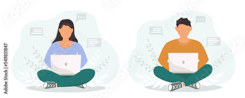 A guy and a girl are sitting cross-legged with a laptop. A person works online, studies, is engaged in freelancing. Vector graphics.