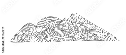 Mountains and sunset doodle style vector illustration. Black on white for print, coloring book for children and adults. 