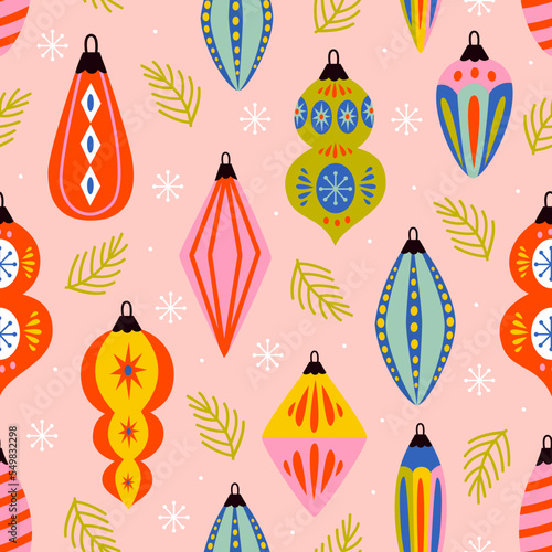seamless pattern with retro Christmas tree ornaments