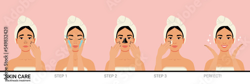 Blackheads treatment skincare routine of woman. Face cleansing, black peel-off nose mask, and cream application. Vector flat cartoon illustration.