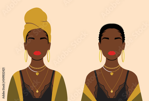 Beautiful African American woman with a short hairstyle and wearing traditional a head wrap, golden necklaces, and earrings.  Sexy abstract woman portrait. Vector design isolated on background.   photo