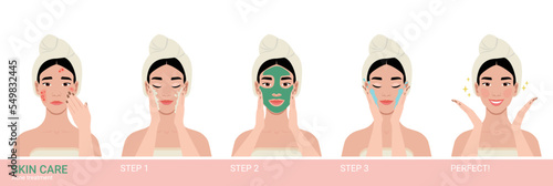 Acne treatment steps vector cartoon illustration. Young beautiful asian woman applying a mask in her bathroom. Girl with hair wrapped in a towel takes care of her skin. Cosmetology clip art.  