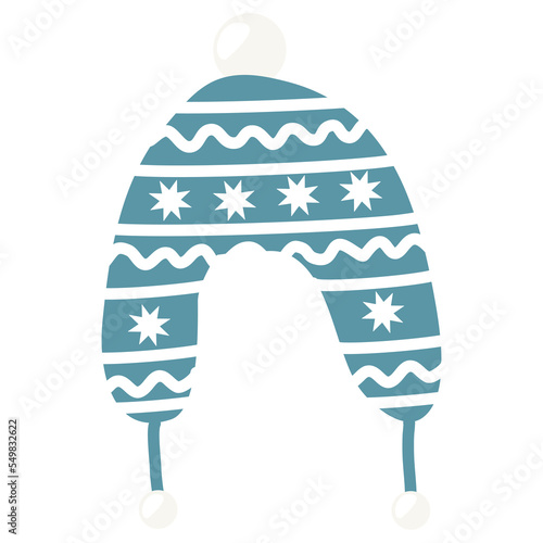 Blue ornate winter hat with pom pom and ear warmers, earflap or trapper hat, flat vector
