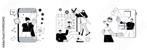 Internet advertising abstract concept vector illustration set. Online marketing, campaign planning, interactive advertising, digital strategy, SEO optimization, customer analytics abstract metaphor.