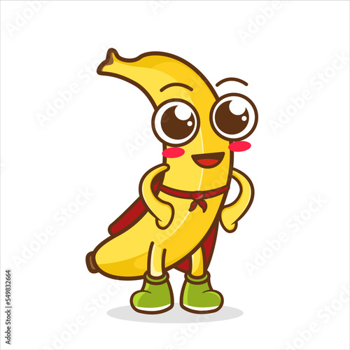 Funny cartoon banana fruit superhero character. Banana superhero, cartoon funny fruit character vector Illustration