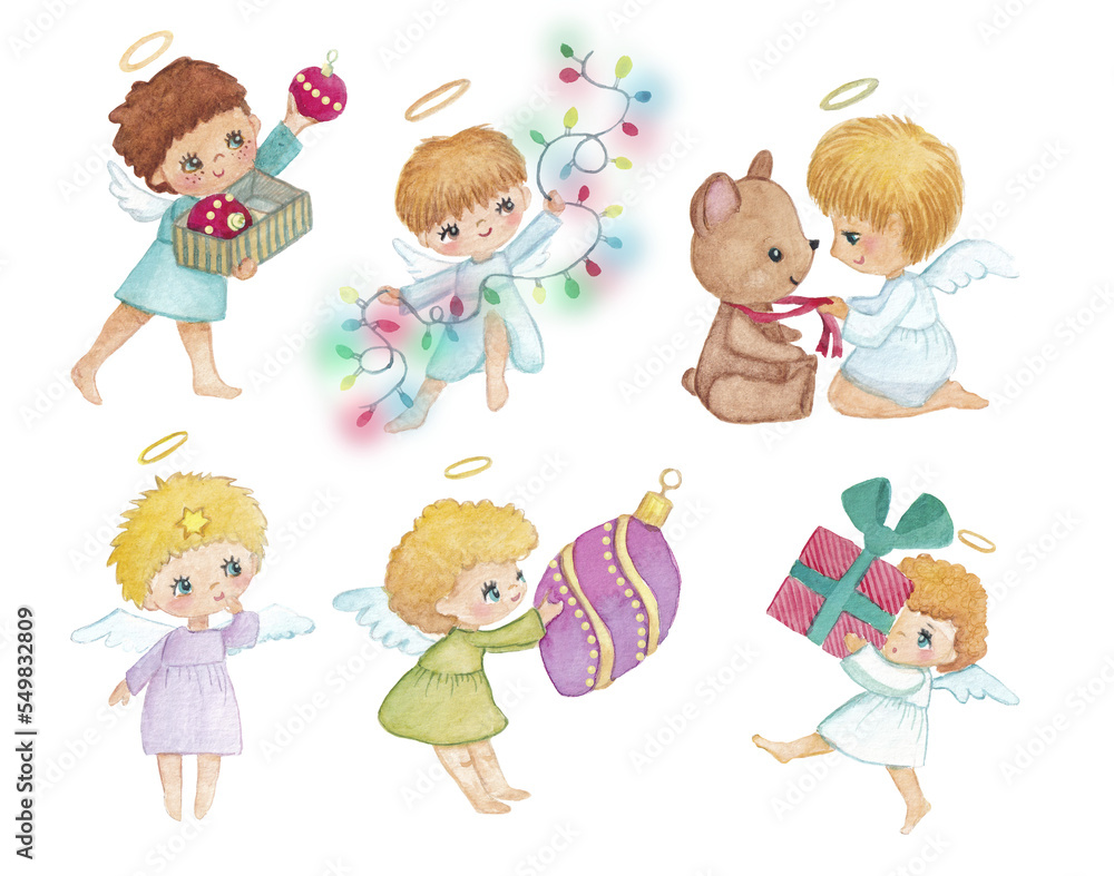 Set of little angels, boys and girls, isolted. Christmas balls, gifts, presents, toys.