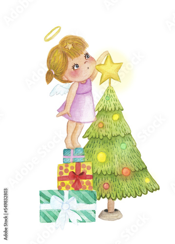 Cute little angel kid girl in pink dress, decorating christmas tree with star, gifts and presents, isolated