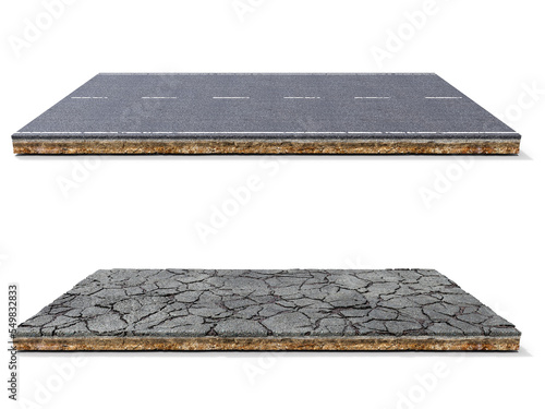 Set of two slices of asphalt road on pieces of ground, new reconstructed and old damaged and cracked, isolated on white background, 3d illustration