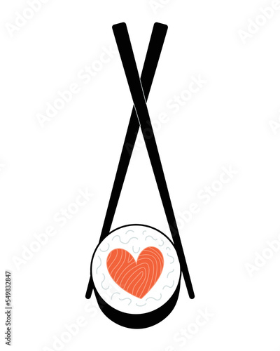 Poster with Japanese chopsticks holding heart shaped salmon sushi. Simple vector illustration isolated on white background. Love Asian Food