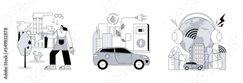 Urban environment abstract concept vector illustration set. Reduction of gas emissions, electric vehicle use, noise pollution, Co2 greenhouse gas, eco-friendly transportation abstract metaphor.