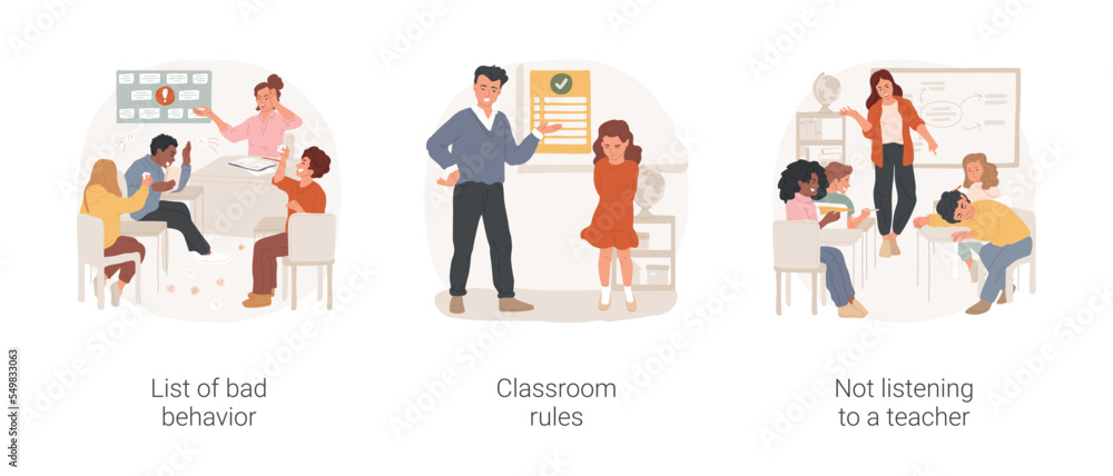 Classroom discipline isolated cartoon vector illustration set. List of bad behavior, classroom rules, children misbehave at school, poster on the wall, not listening to a teacher vector cartoon.