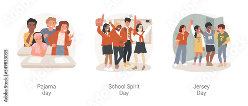 School fun days isolated cartoon vector illustration set. Children wear pajama in classroom, school spirit week, same color clothes, jersey day, young sport fans, support team vector cartoon.