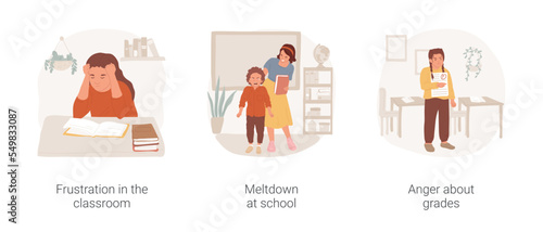 Emotion control at school isolated cartoon vector illustration set. Frustration in the classroom, child meltdown at school, student crying, anger about grades, negative emotion vector cartoon.