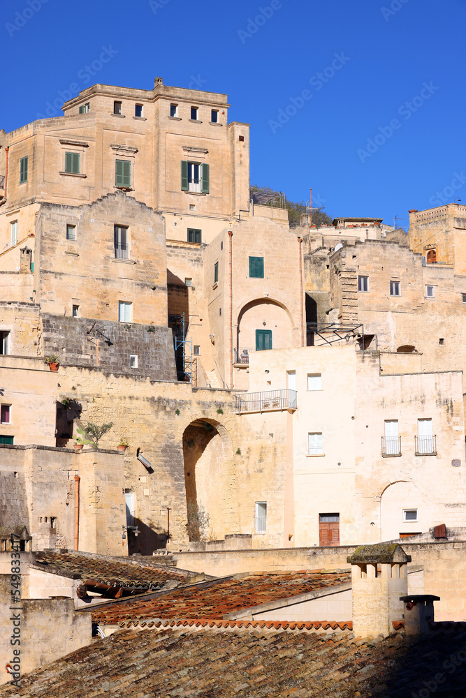 View of Sassi di Matera a historic district in the city of Matera, well-known for their ancient cave dwellings from the Belvedere di Murgia Timone, Basilicata, Italy